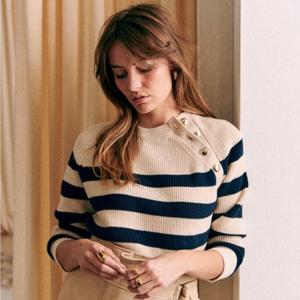Sezane Navy and Cream Striped Sweater with Button Accents